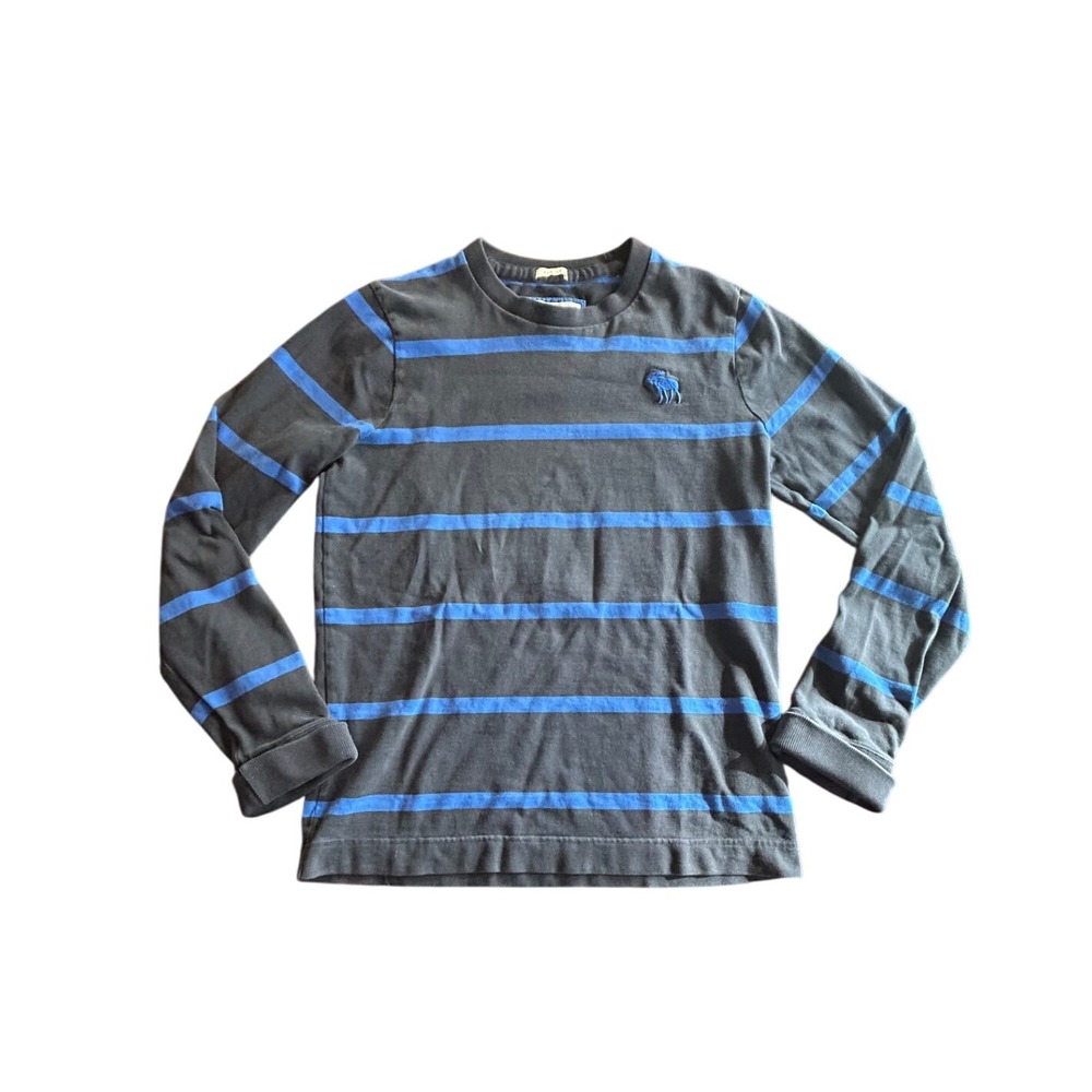 Abercrombie Fitch Kids Long Sleeve Striped Shirt Moose Logo Blue Gray Size Small